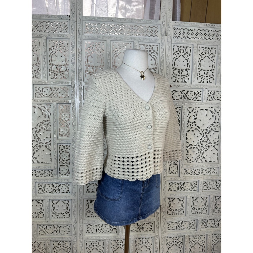 Style & Co Cream Chunky Knit 3/4 Sleeve Crochet Style Cropped Cardigan Sz Small‎ - Picture 3 of 7
